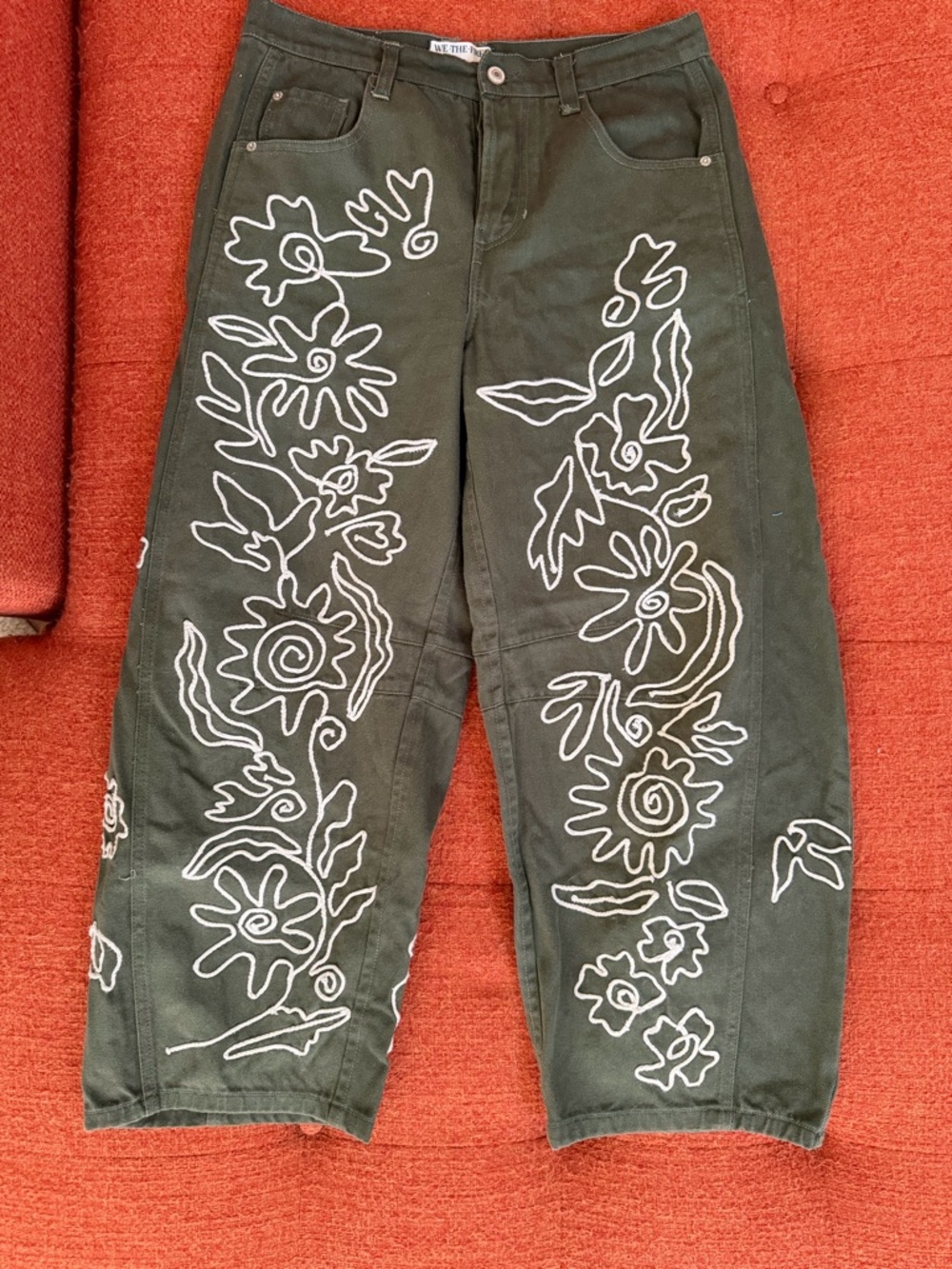 We The Free Olive Green Pants with embroidery Barrell Jean